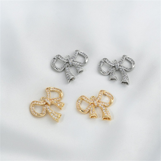 Picture of Eco-friendly Brass Clothes Connectors Charms Pendants Bowknot Real Gold Plated Micro Pave Clear Cubic Zirconia 22mm x 19mm