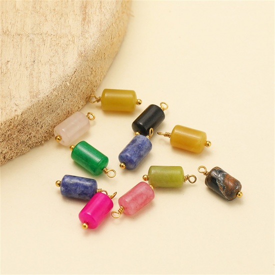 Picture of 304 Stainless Steel & Gemstone Charms Gold Plated Cylinder 15mm x 6mm