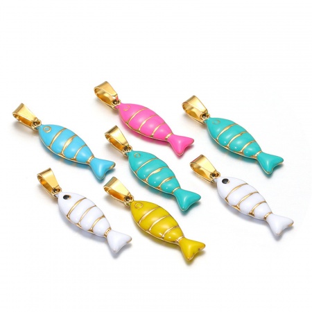Immagine di 1 Pz 304 Acciaio Inossidabile Ciondoli Pendenti Pesce Oro Placcato Smalto a Doppia Faccia 28mm x 7mm