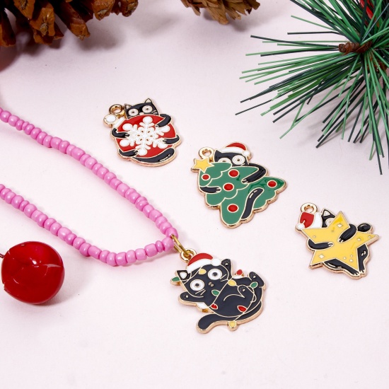 Picture of Zinc Based Alloy Christmas Charms Gold Plated Multicolor Cat Animal Enamel