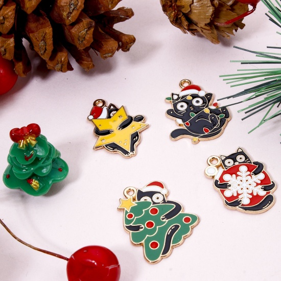 Picture of Zinc Based Alloy Christmas Charms Gold Plated Multicolor Cat Animal Enamel