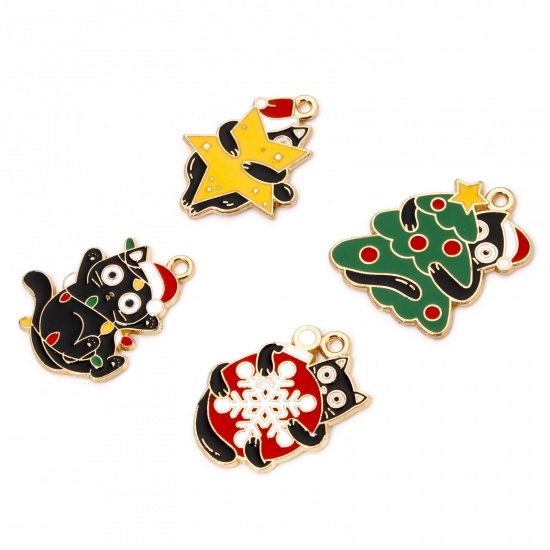 Picture of Zinc Based Alloy Christmas Charms Gold Plated Multicolor Cat Animal Enamel