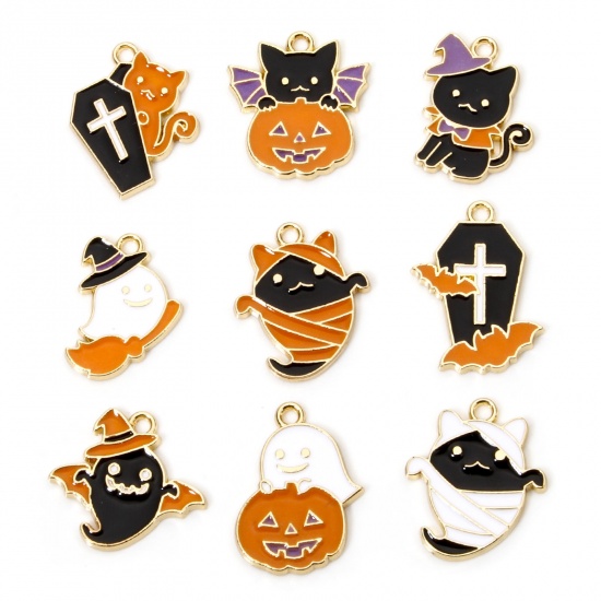 Immagine di 10 Pz Lega di Zinco Halloween Ciondoli Oro Placcato Multicolore Halloween Fantasma Gatto Smalto