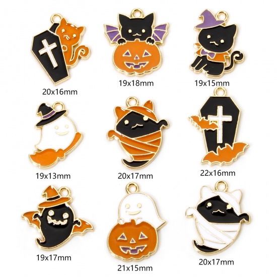 Immagine di 10 Pz Lega di Zinco Halloween Ciondoli Oro Placcato Multicolore Halloween Fantasma Gatto Smalto