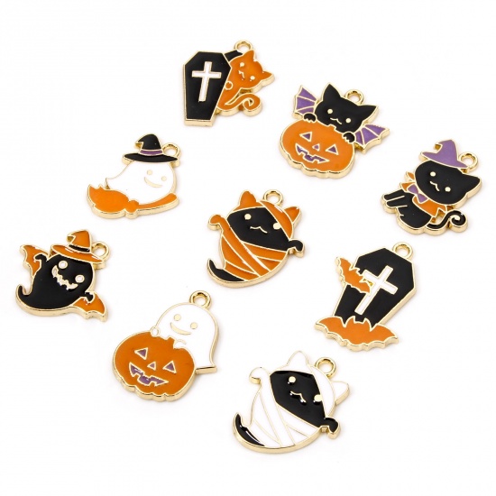 Immagine di 10 Pz Lega di Zinco Halloween Ciondoli Oro Placcato Multicolore Halloween Fantasma Gatto Smalto