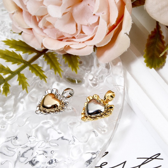Imagen de 2 Unidades Latón día de San Valentín Colgantes Charms Corazón Plata y Chapado en Oro de 18K Dos Colores 19mm x 14.5mm