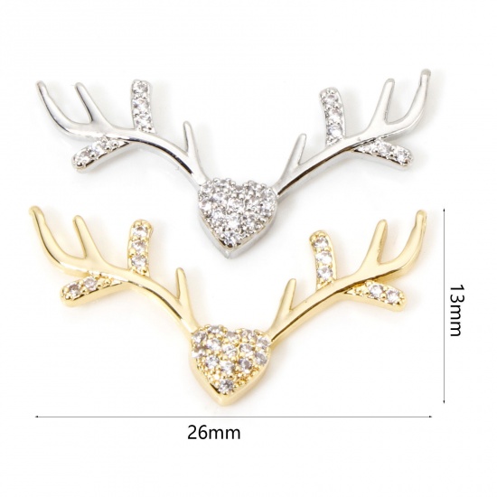 Immagine di 2 PCs Brass Christmas Connectors Charms Pendants Antler Multicolor Micro Pave Clear Cubic Zirconia 26mm x 13mm