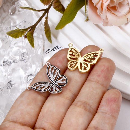 Picture of Brass Connectors Charms Pendants Butterfly Animal Multicolor Black Micro Pave Clear Cubic Zirconia 23mm x 21mm