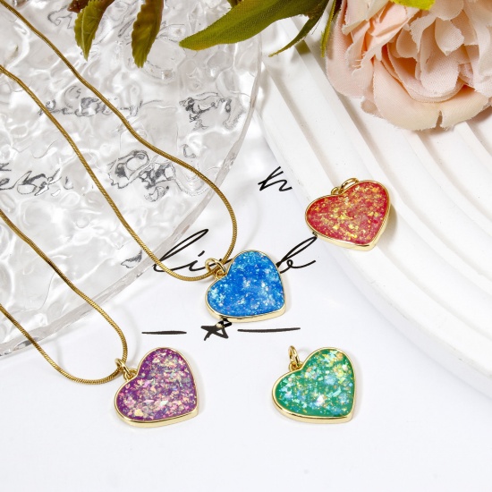 Immagine di 1 Pz Ottone San Valentino Ciondoli Cuore Placcato Oro 18K Opale Imitazione 20mm x 18mm