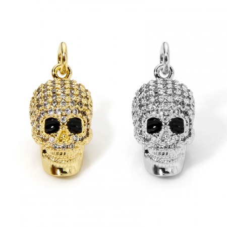 Brass Micro Pave Charmes Multicolor Skull 3D Clear Cubic Zirconia 22mm x 9.5mm