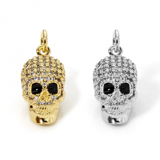 Picture of Brass Micro Pave Charmes Multicolor Skull 3D Clear Cubic Zirconia 22mm x 9.5mm