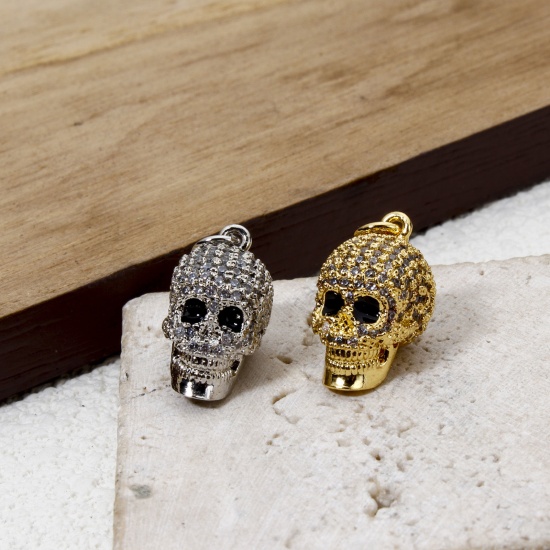 Picture of Brass Micro Pave Charmes Multicolor Skull 3D Clear Cubic Zirconia 22mm x 9.5mm