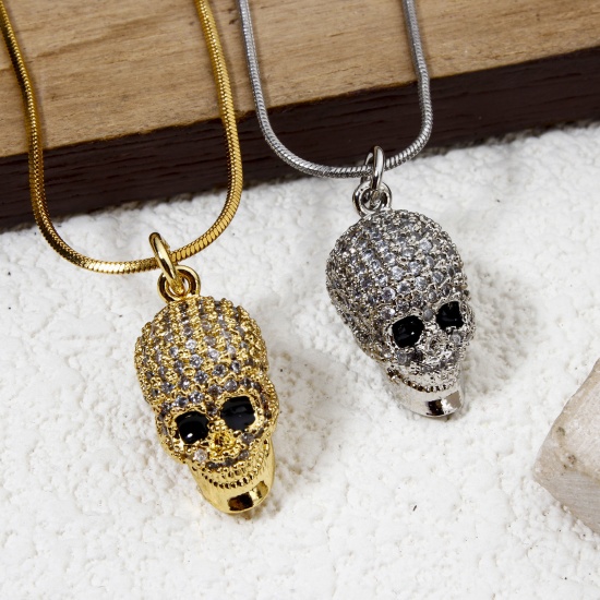 Picture of Brass Micro Pave Charmes Multicolor Skull 3D Clear Cubic Zirconia 22mm x 9.5mm