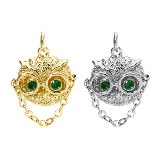 Immagine di 1 Pz Ottone Halloween Ciondoli Gufo Multicolore 3D Verde Cubic Zirconiae 18mm x 15.5mm