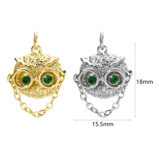 Immagine di 1 Pz Ottone Halloween Ciondoli Gufo Multicolore 3D Verde Cubic Zirconiae 18mm x 15.5mm