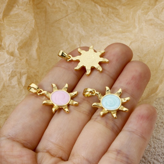 Imagen de 2 Unidades Latón Galaxia Colgantes Charms Oro Real Chapado Perlado Sol Esmalte 25mm x 18mm