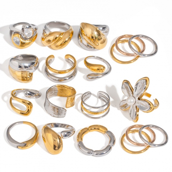 Bild von 1 Stück Umweltfreundlich Ins Stil 18K Echtgold plattiert & Silberton 304 Edelstahl Uneinstellbar Ring 17.3mm（US Größe:7)
