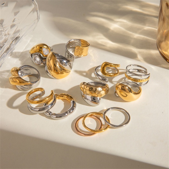 Bild von 1 Stück Umweltfreundlich Ins Stil 18K Echtgold plattiert & Silberton 304 Edelstahl Uneinstellbar Ring 17.3mm（US Größe:7)