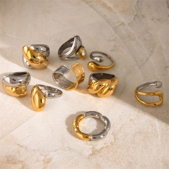 Bild von 1 Stück Umweltfreundlich Ins Stil 18K Echtgold plattiert & Silberton 304 Edelstahl Uneinstellbar Ring 17.3mm（US Größe:7)