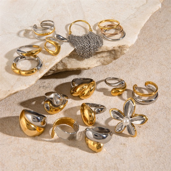 Bild von 1 Stück Umweltfreundlich Ins Stil 18K Echtgold plattiert & Silberton 304 Edelstahl Uneinstellbar Ring 17.3mm（US Größe:7)