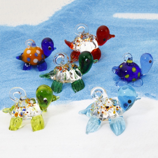 Picture of Lampwork Glass Ocean Jewelry Pendants Multicolor Tortoise Animal 3D 3.2cm x 2.2cm