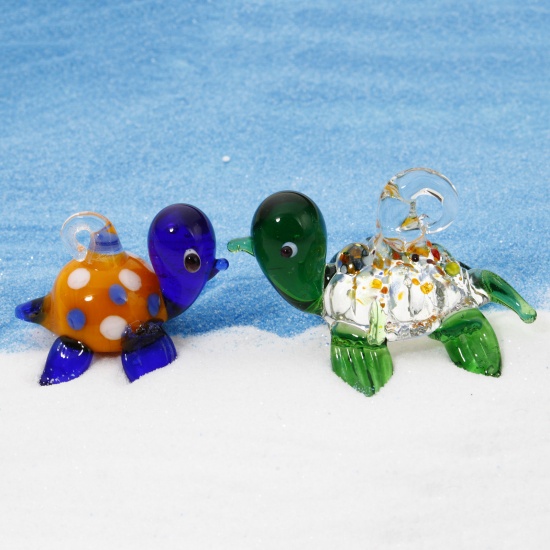 Picture of Lampwork Glass Ocean Jewelry Pendants Multicolor Tortoise Animal 3D 3.2cm x 2.2cm