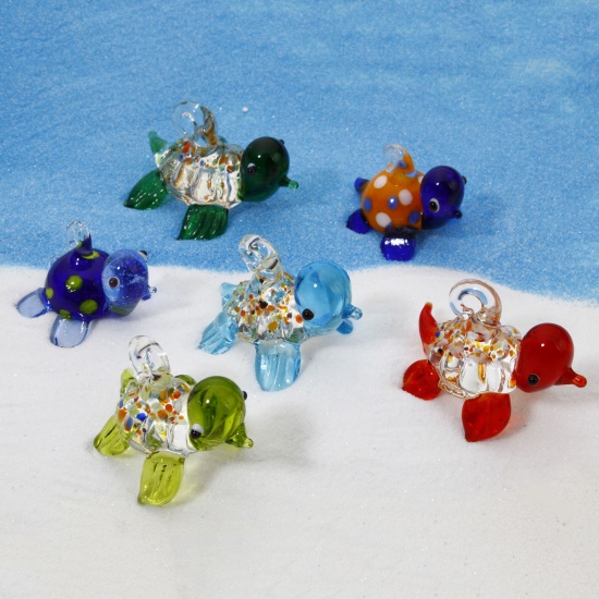 Picture of Lampwork Glass Ocean Jewelry Pendants Multicolor Tortoise Animal 3D 3.2cm x 2.2cm