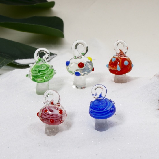 Picture of Lampwork Glass Flora Collection Charms Multicolor Mushroom Dot 3D 28mm x 14mm