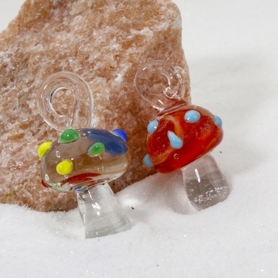 Picture of Lampwork Glass Flora Collection Charms Multicolor Mushroom Dot 3D 28mm x 14mm