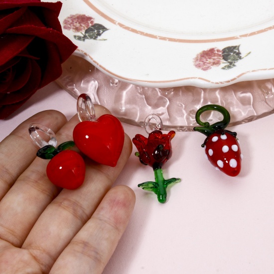 Picture of Lampwork Glass Flora Collection Pendants Multicolor Heart Rose Flower 3D