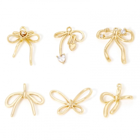 Eco-friendly Brass Clothes Charmes Real Gold Plated Bowknot Clear Cubic Zirconia
