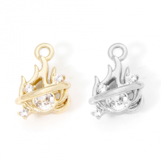Image de 2 Pcs Breloques en Laiton Respectueux de la Nature Plaqué Or Véritable Feu Flamme à Zircone Cubique Clair 14mm x 10mm