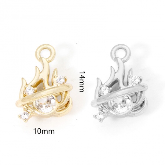 Image de 2 Pcs Breloques en Laiton Respectueux de la Nature Plaqué Or Véritable Feu Flamme à Zircone Cubique Clair 14mm x 10mm