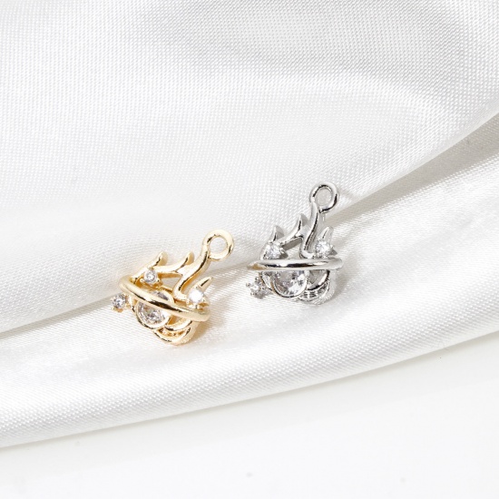 Image de 2 Pcs Breloques en Laiton Respectueux de la Nature Plaqué Or Véritable Feu Flamme à Zircone Cubique Clair 14mm x 10mm