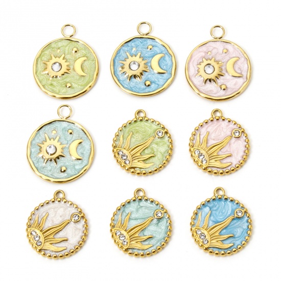 Imagen de 1 Unidad Enchapado al Vacío Ecológico 304 Acero Inoxidable Galaxia Colgantes Ronda 18K Oro Real Chapado Luna Esmalte 24mm x 20mm