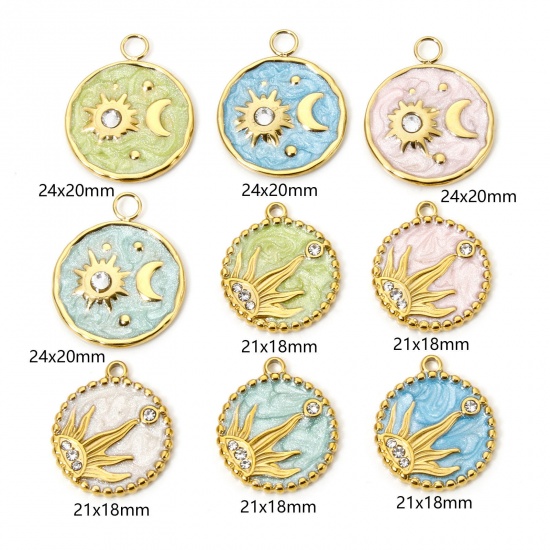 Imagen de 1 Unidad Enchapado al Vacío Ecológico 304 Acero Inoxidable Galaxia Colgantes Ronda 18K Oro Real Chapado Luna Esmalte 24mm x 20mm