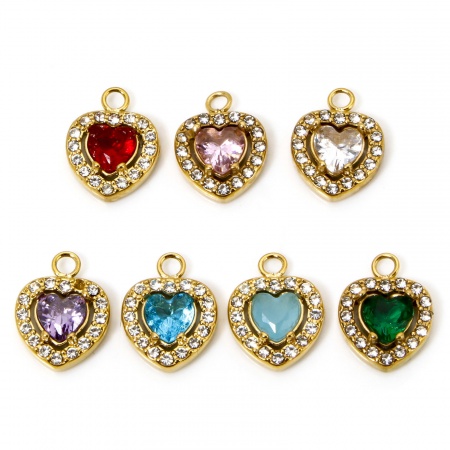 Eco-friendly Vacuum Plating 304 Stainless Steel Valentine's Day Charms Gold Plated Heart Multicolour Cubic Zirconia 13mm x 10mm