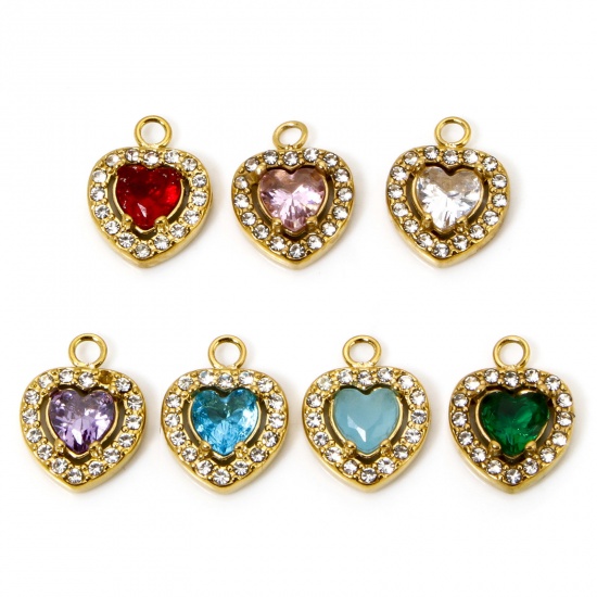 Immagine di 1 Pz Placcatura Sottovuoto Ecologica 304 Acciaio Inossidabile San Valentino Ciondoli Cuore Oro Placcato Multicolore Cubic Zirconiae 13mm x 10mm