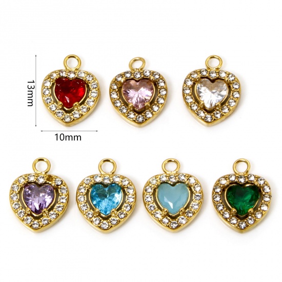 Immagine di 1 Pz Placcatura Sottovuoto Ecologica 304 Acciaio Inossidabile San Valentino Ciondoli Cuore Oro Placcato Multicolore Cubic Zirconiae 13mm x 10mm