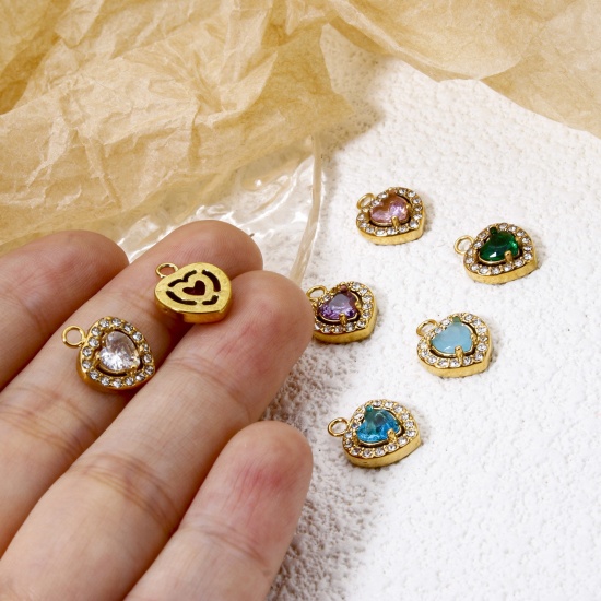 Immagine di 1 Pz Placcatura Sottovuoto Ecologica 304 Acciaio Inossidabile San Valentino Ciondoli Cuore Oro Placcato Multicolore Cubic Zirconiae 13mm x 10mm