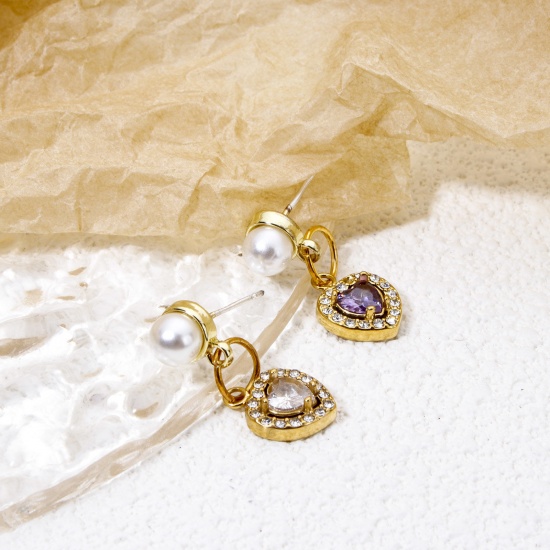 Immagine di 1 Pz Placcatura Sottovuoto Ecologica 304 Acciaio Inossidabile San Valentino Ciondoli Cuore Oro Placcato Multicolore Cubic Zirconiae 13mm x 10mm