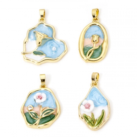 1 Stück Messing Ölgemälde Stil Charm-Anhänger Echtgold plattiert Bunt Blumen Emaille