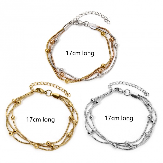 Picture of 304 Stainless Steel Snake Chain Multilayer Layered Bracelet With Lobster Claw Clasp And Extender Chain 17cm(6.7") long