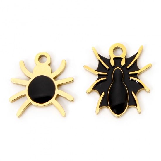 Picture of 304 Stainless Steel Charms Gold Plated Black Halloween Spider Animal Enamel