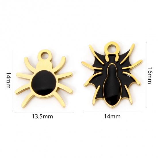 Picture of 304 Stainless Steel Charms Gold Plated Black Halloween Spider Animal Enamel