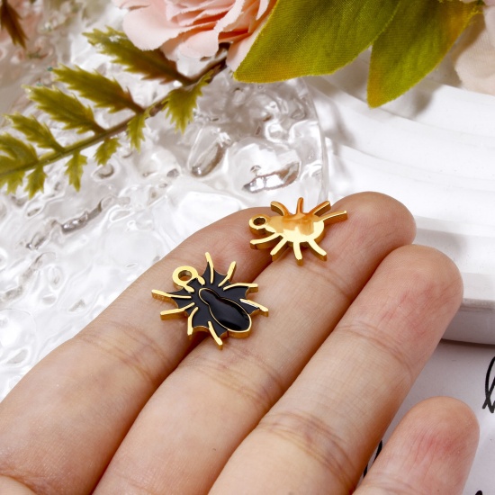 Picture of 304 Stainless Steel Charms Gold Plated Black Halloween Spider Animal Enamel