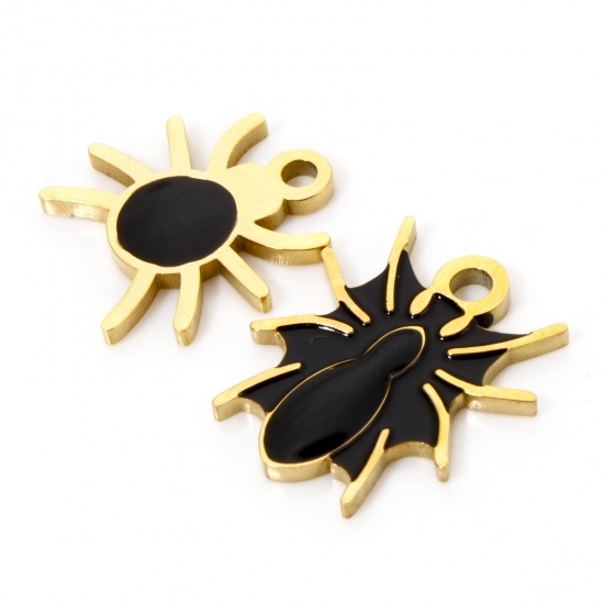 Picture of 304 Stainless Steel Charms Gold Plated Black Halloween Spider Animal Enamel