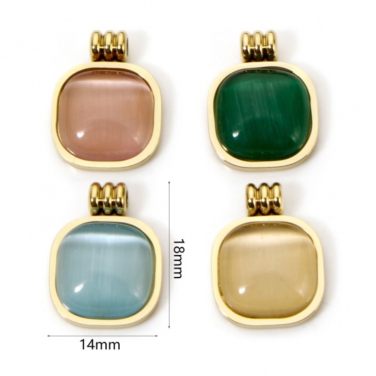Immagine di 1 Pz Placcatura Sottovuoto Ecologica 304 Acciaio Inossidabile Geometrico Ciondoli Pendenti Quadrato Placcato Oro 14K Multicolore Con Cabochon di Gemma Sintetica 18mm x 14mm