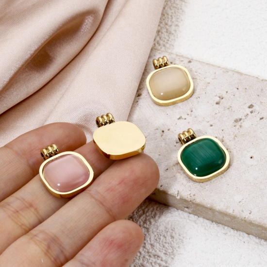 Immagine di 1 Pz Placcatura Sottovuoto Ecologica 304 Acciaio Inossidabile Geometrico Ciondoli Pendenti Quadrato Placcato Oro 14K Multicolore Con Cabochon di Gemma Sintetica 18mm x 14mm