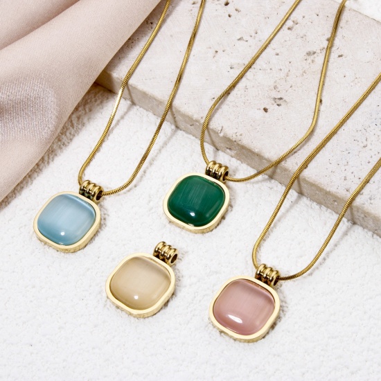 Immagine di 1 Pz Placcatura Sottovuoto Ecologica 304 Acciaio Inossidabile Geometrico Ciondoli Pendenti Quadrato Placcato Oro 14K Multicolore Con Cabochon di Gemma Sintetica 18mm x 14mm